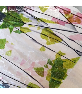 VERRE BULLSEYE - CONFETTIS ROSE ET VERT PAILLETTÉ SUR CLAIR - 4114-00F