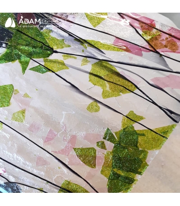 VERRE BULLSEYE - CONFETTIS ROSE ET VERT PAILLETTÉ SUR CLAIR - 4114-00F